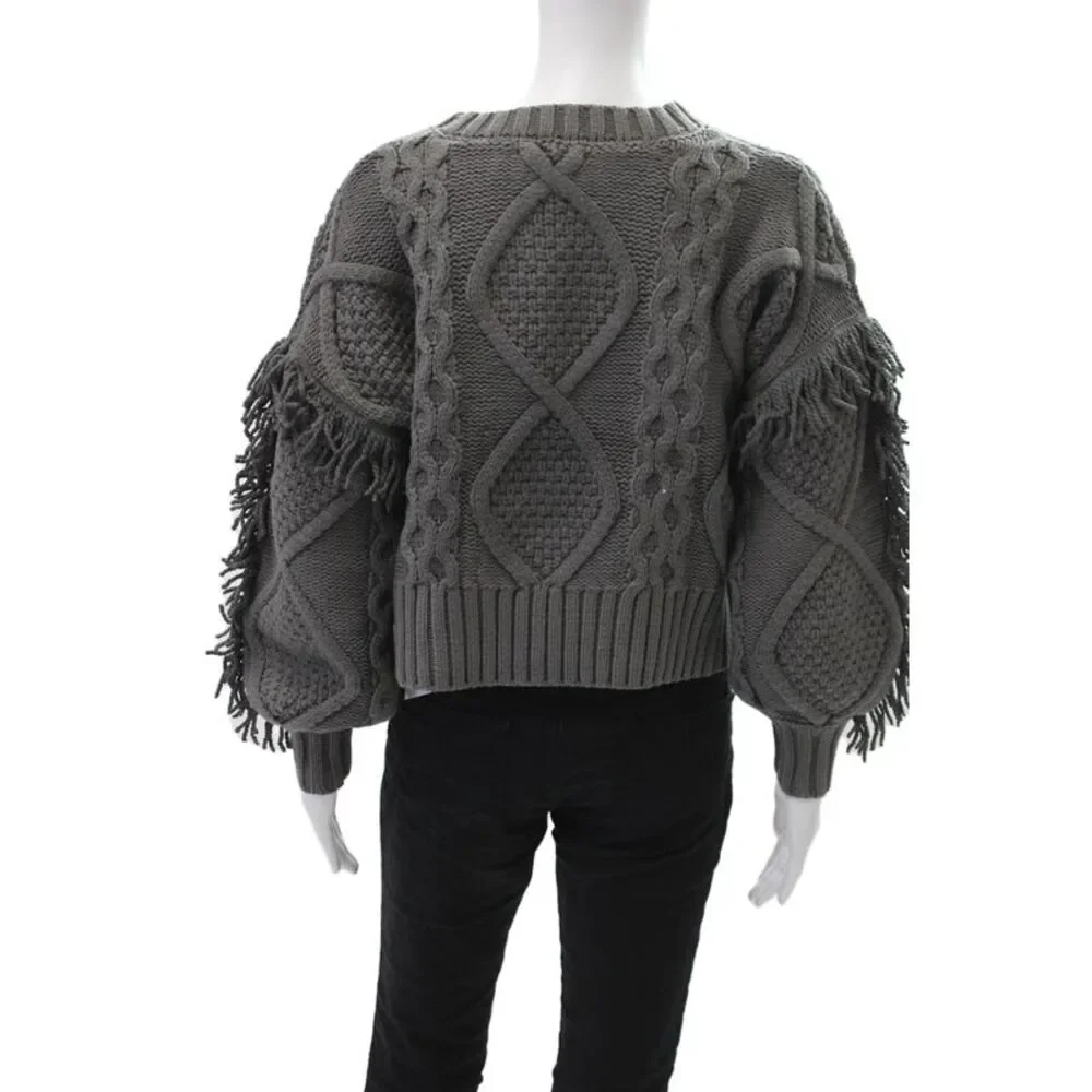 Line And Dot Womens Cable Knit Fringe Crew Neck Sweater Gray Size Extra Small